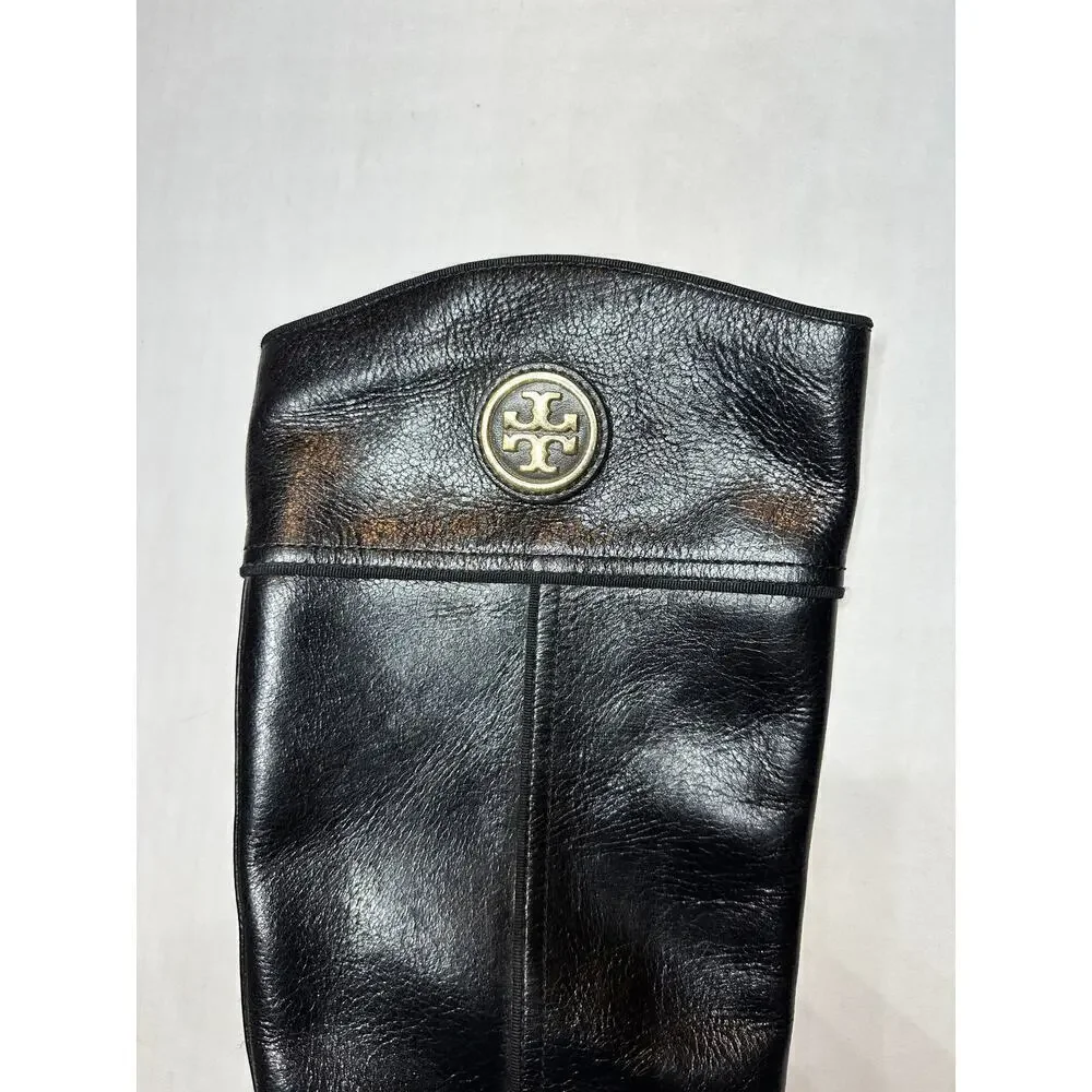 Tory Burch Size 5.5 Logo Tall Side Zipper Riding Boot Black Leather Quiet Luxury